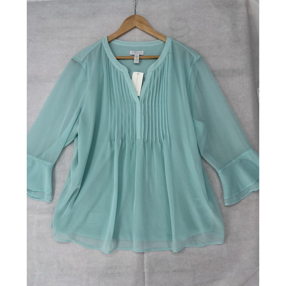 Charter Club Blouse Womens XL Pintuck Vneck Ruffled Sleeves Mint Green NWT